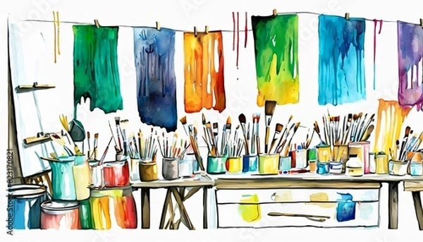 Fototapeta An artist's studio filled with vibrant hanging canvases, colorful paint supplies, and brushes, showcasing creative chaos.. AI Generation