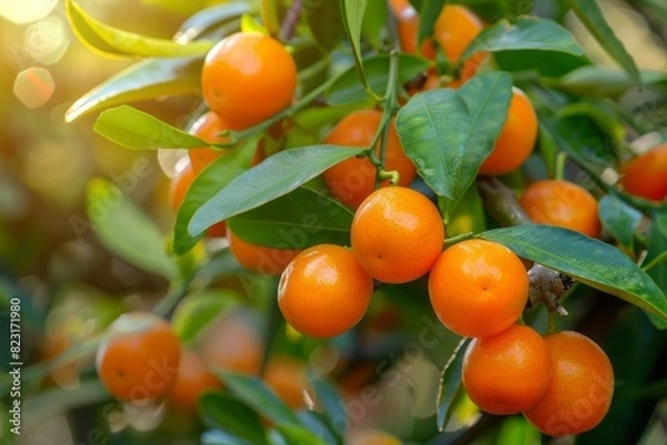 Obraz Harvest of oranges on a branch in the garden, agribusiness business concept, organic healthy food and non-GMO fruits with copy space
