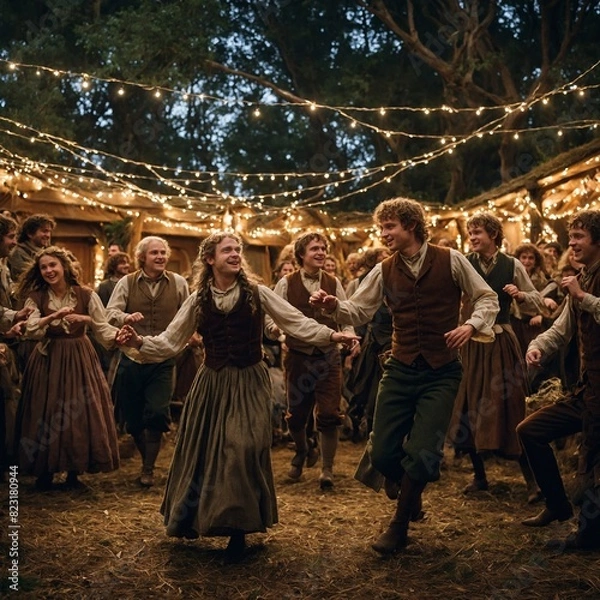 Fototapeta Hobbits participating in a lively country dance, twirling and spinning beneath strings of twinkling fairy lights.

