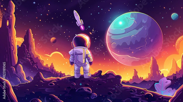 Fototapeta Cute cartoon illustration of a little astronaut exploring the cosmos with a spaceship in the background