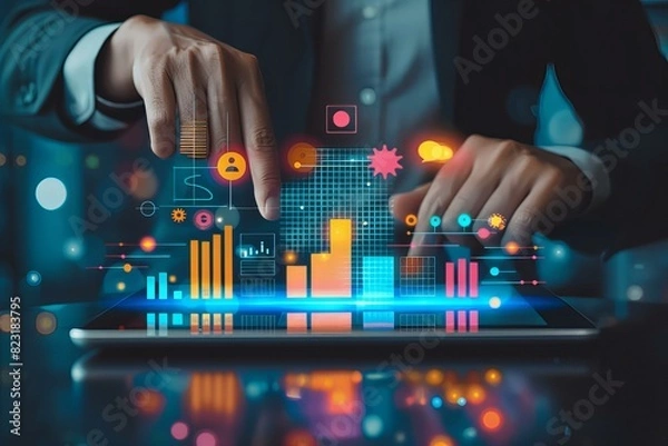 Fototapeta Person using tablet with graphs and symbols