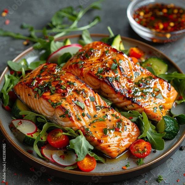 Fototapeta Grilled salmon steak and vegetable salad on plate. Made with generative ai.