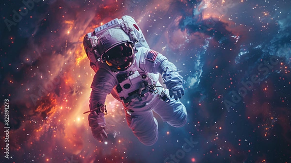 Obraz Dreamy astronaut floating in space, with a glowing helmet and purple stars