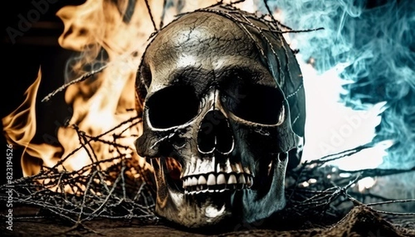 Fototapeta A menacing skull wrapped in barbed wire, with blue smoke and flames in a dark, mysterious backdrop.. AI Generation