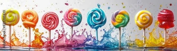 Obraz Colorful lollipops in a row with vibrant splash of paint background, depicting a fun and lively candy theme.