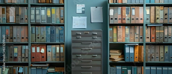 Fototapeta A large metal filing cabinet sits in front of a wall of shelves filled with old dusty file folders.