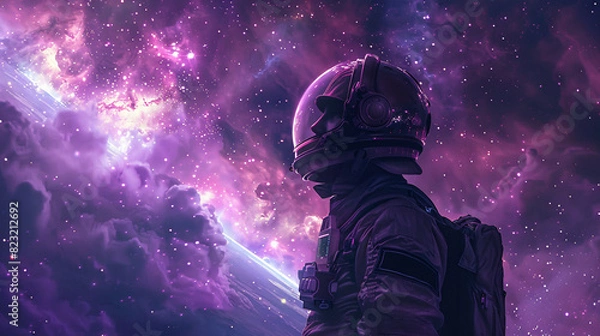 Fototapeta Futuristic man in a helmet, gazing at the cosmos with a glowing purple backdrop