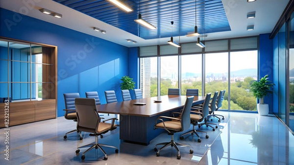 Fototapeta Constructivist Style Conference Room on Blue Background. Perfect for: Architectural Design Conferences, Art and Design Exhibitions, Business Innovation Summits.