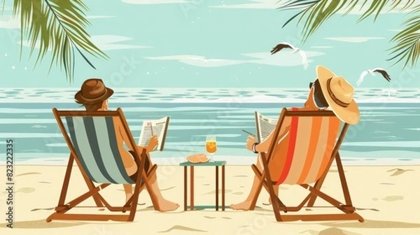 Obraz A Couple Relaxing In Beach Chairs, Reading Books And Sipping Cold Drinks, Cartoon ,Flat color