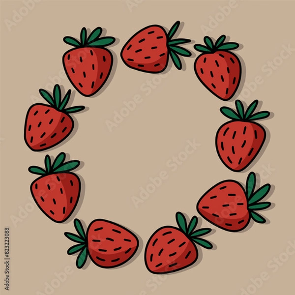 Fototapeta Hand drawn doodle linear colorful vector strawberry fruits wreaths spring summer seasonal seamless centerpiece card illustration isolated on beige background 