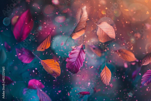 Fototapeta Vibrant Nature Fantasy Colorful Leaves and Magical Dust Particles 