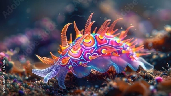 Fototapeta Close-up of a colorful nudibranch crawling along the ocean floor, displaying its vibrant hues