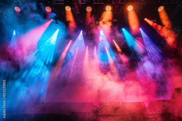 Fototapeta Vibrant stage in the glow of colored spotlights, with smoke adding an air of mystery and drama The image captures the anticipation and excitement inherent in live performances 