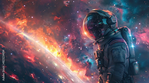 Fototapeta Space explorer in a glowing suit, surrounded by a beautiful galaxy