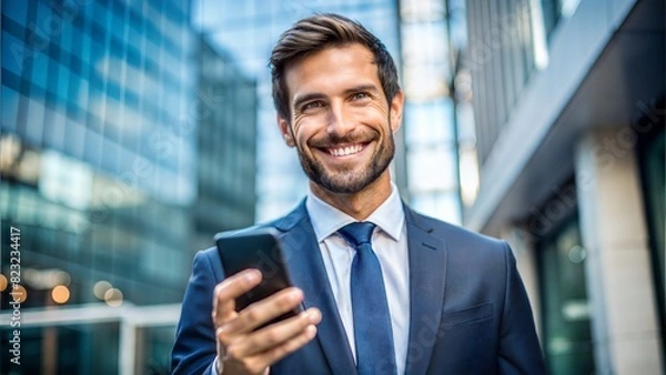 Fototapeta Confident Businessman with Smartphone: A close-up of a confident businessman holding a smartphone, showcasing modern business communication.

