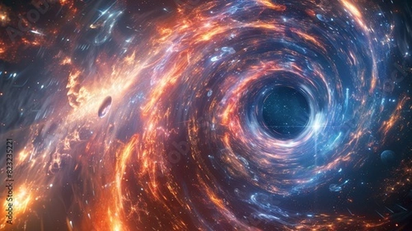 Obraz Stunning depiction of a glowing cosmic black hole in space, capturing swirling colors and interstellar dust in a mesmerizing galactic phenomenon.
