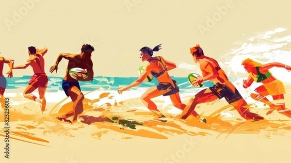 Obraz A Group Of People Playing Beach Rugby, Tackling And Running In The Sand, Cartoon ,Flat color