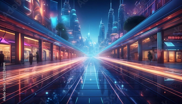 Fototapeta A futuristic digital landscape featuring a glowing stream of data flowing seamlessly into a vibrant virtual shopping mall."