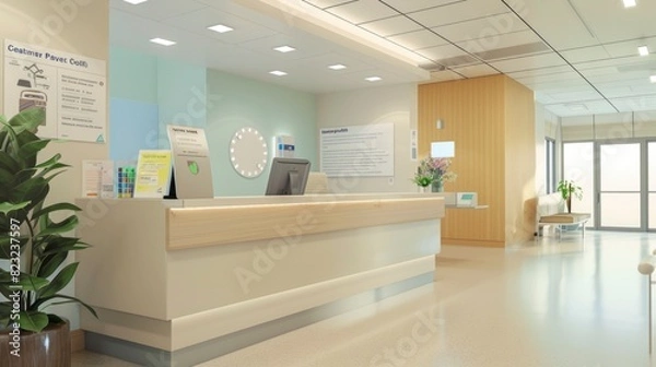 Obraz A hospital lobby with a reception desk and a potted plant