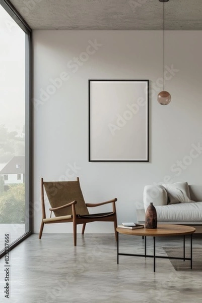 Fototapeta Scandinavian-style minimalist living room with frame on the wall for your background business, poster, wallpaper, banner, backdrop, greeting cards, and advertising for business entities or brands.