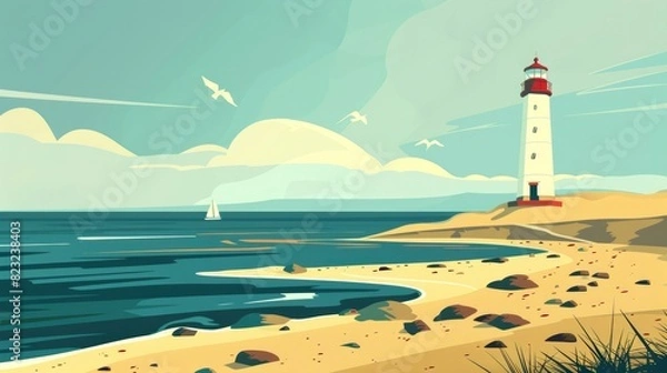 Obraz A Lighthouse At The End Of A Long, Sandy Peninsula, Cartoon ,Flat color