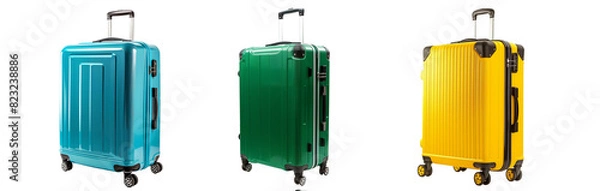 Fototapeta Three colorful hard-shell suitcases with telescopic handles and wheels, isolated on a transparent background, related to travel and summer vacations