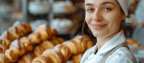 Fototapeta smiling beautiful female confectioner in uniform ,standing near a pile of fresh croissants 
