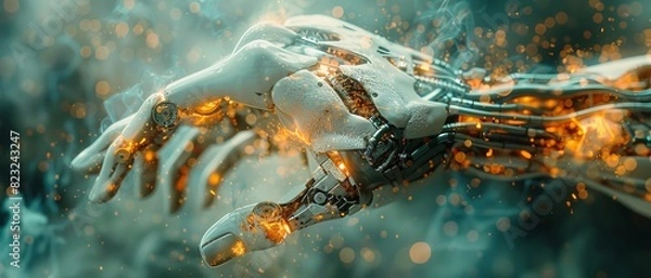 Fototapeta Close-up of a robotic hand with glowing circuits and sparks, representing futuristic technology and artificial intelligence.