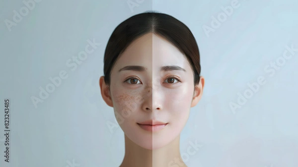 Fototapeta 若い日本人女性のアップを左右に並べ、肌の様子を比較している画像