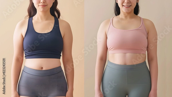 Obraz ふくよかな若い日本人女性のダイエット前後を左右で比較している画像