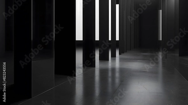 Obraz 複数の黒い柱が設置されている抜け感の有る黒い廊下