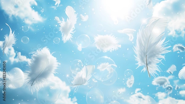 Obraz 輝く青い空へ舞う白い羽の背景