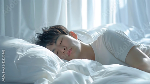Obraz 爽やかな日差しの中白い寝具で男性が寝ている様子