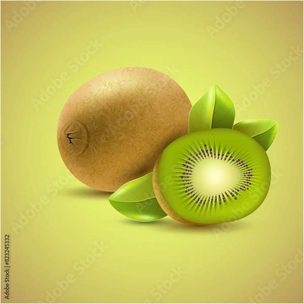 Obraz Kiwi fruit. Whole, half and pieces. Sweet fruit. 3d vector. Realistic background.