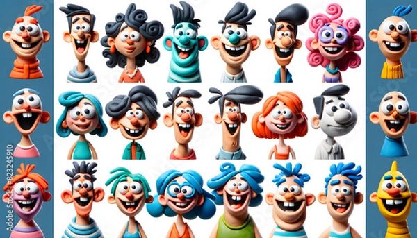 Fototapeta A group of humorous claymation caricature characters with exaggerated features. 