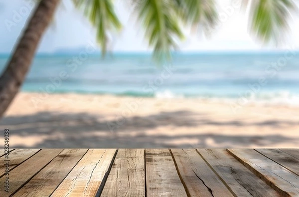 Obraz Empty Wooden Table with Blurred Tropical Beach Background