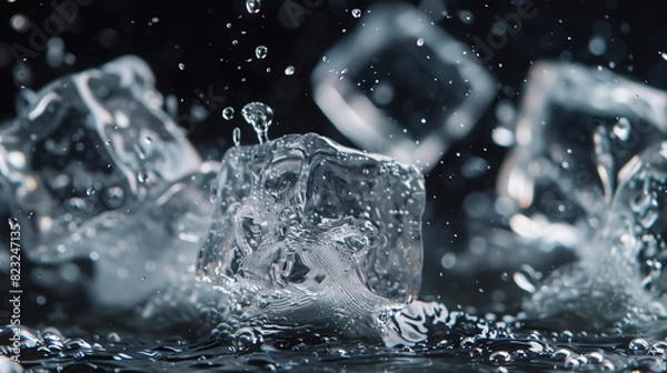Obraz Transparent ice cubes, caught in the moment of rotation, splash dynamic streams of water around them on a dark background.
