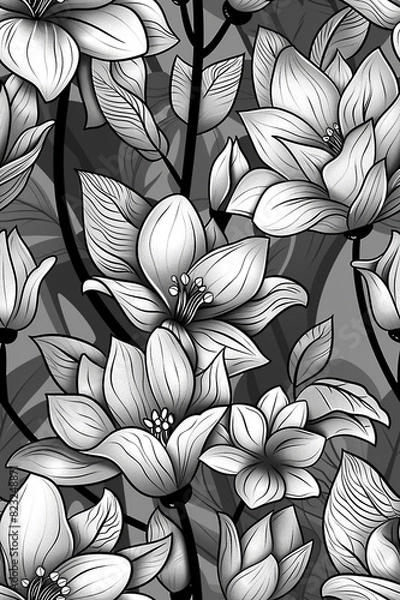 Fototapeta A black and white floral pattern with a gray background