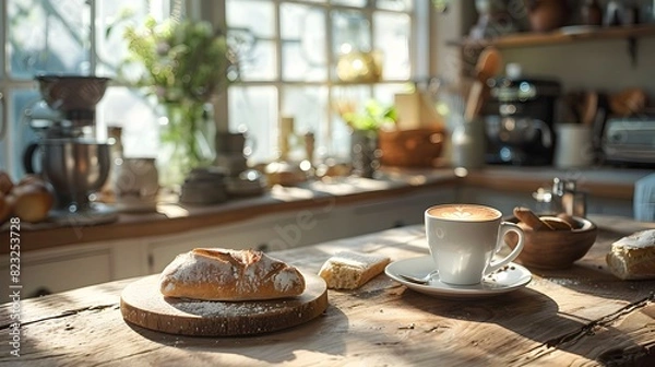 Fototapeta Cozy Rustic Kitchen with Fresh Bread and Warm Coffee Cup Inviting Atmosphere with Natural Light Streaming In