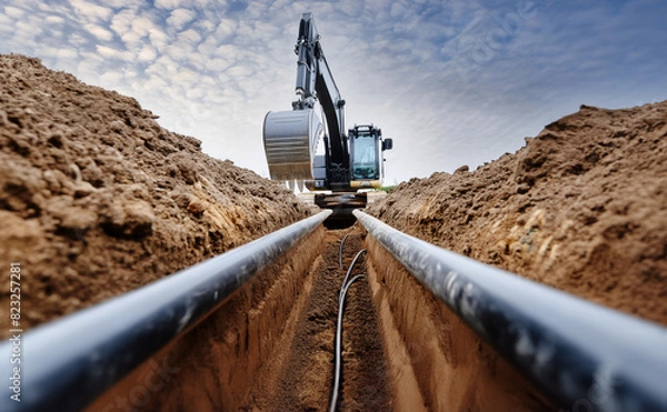 Obraz Excavator at work, digging a long trench for the installation of pipes for water supply, and fibre optic cables for network.