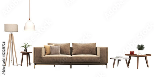 Obraz Modern living room cozy minimal with a sofa, armchair, table, and plants Interior furniture set 3D render. Living room house floor template mockup design , isolated on transparent background
