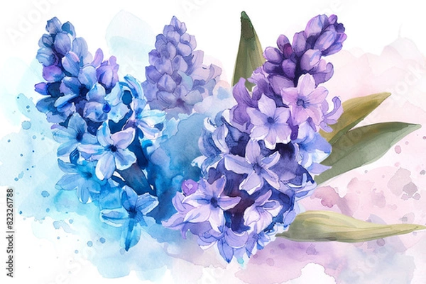 Fototapeta Watercolor hyacinth clipart featuring fragrant blooms in shades of purple and blue 
