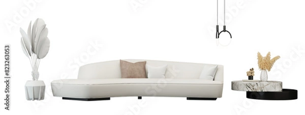 Fototapeta Modern living room cozy minimal with a sofa, armchair, table, and plants Interior furniture set 3D render. Living room house floor template mockup design , isolated on transparent background