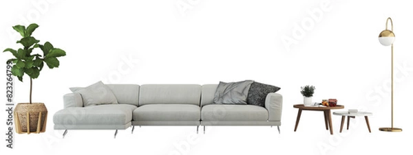 Fototapeta Modern living room cozy minimal with a sofa, armchair, table, and plants Interior furniture set 3D render. Living room house floor template mockup design , isolated on transparent background