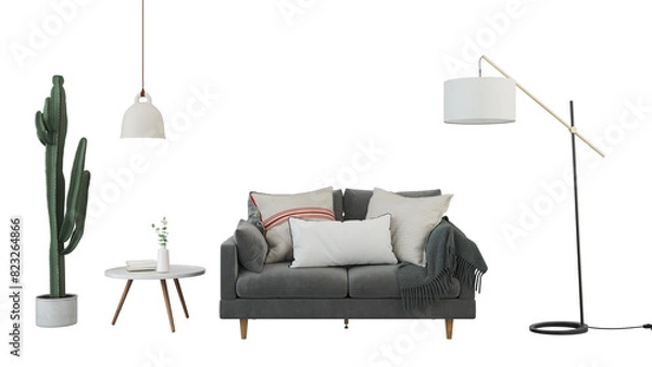 Obraz Modern living room cozy minimal with a sofa, armchair, table, and plants Interior furniture set 3D render. Living room house floor template mockup design , isolated on transparent background