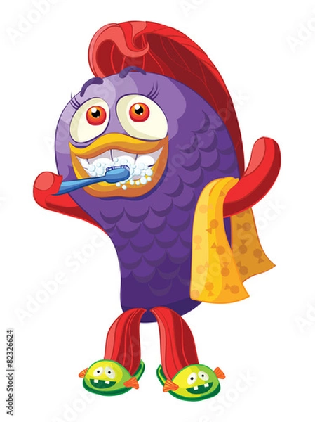 Fototapeta Fish cleans teeth. Vector character