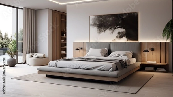 Fototapeta Modern bedroom interior with a comfortable bed and minimalist decor Interior design and lifestyle concept