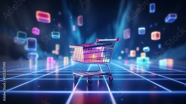 Fototapeta Shopping cart flows smoothly with digital data, marketing ecommerce online shopping concept