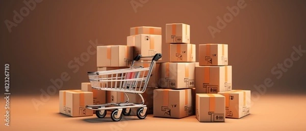 Fototapeta Shopping cart with product boxes promoting free or discounted shipping This is an important driving force for online shoppers