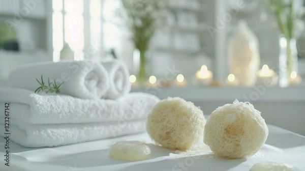 Obraz Exfoliation spa room with natural equipment arranged like loofahs and towels